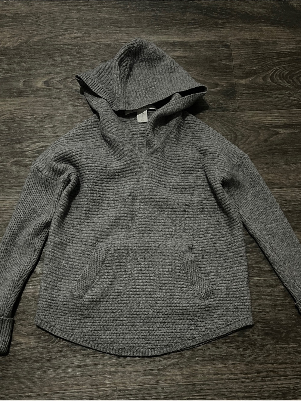 Max Studio Gray Rib-Knit V-Neck Hooded Sweater